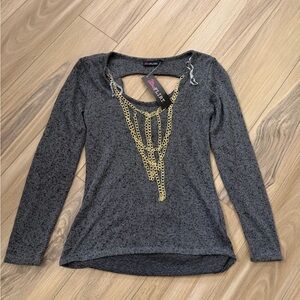 Ultra Flirt Charcoal Long Sleeve Top with Gold Chain Accent